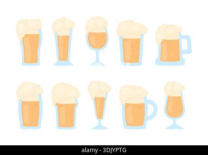A set of various types of light beer mugs with thick foam on a white background. Oktoberfest elements. Stock Vector