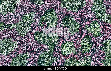 Intricate and highly detailed hand drawn doodle pattern on a dark background, featuring intertwining swirling botanical motifs in vivid pink and brigh Stock Photo