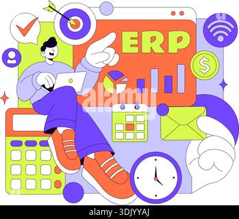 ERP Enterprise Resource Planning System Vector Illustration Featuring Business Integration, Productivity Improvement, And Company Growth Background Stock Vector