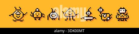 Pixel art color invaders. 8-bit game images of monsters on yellow background. Stock Vector