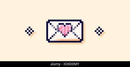 Pixel art envelop with pink heart and letter with love. Stock Vector