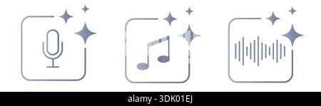 AI voice assistant icon set with microphone, music note and sound wave symbols. Artificial intelligence audio generation concept for creative tools Stock Vector