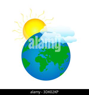 Planet Earth with sun and cloud.Sunny weather forecast.World Environment Day.Climate change, global warming, ecology.Global climate and weather.Vector Stock Vector