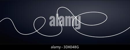 One white squiggle cable line, wavy and curvy stroke. Wiggly irregular long element isolated on dark transparent background, vector illustration. Stock Vector