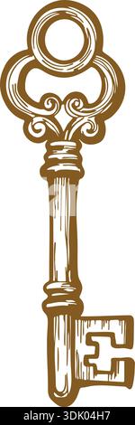 Detailed illustration of an ornate antique style skeleton key with decorative handle and teeth Stock Vector