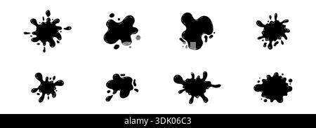 Black smooth ink shiny blob form set. Splash with glossy drops, round abstract shapes silhouette liquid. Soft fluid organic puddle border, frame. Current drops. Ink Paint fall down liquid. Vector illustration Stock Vector