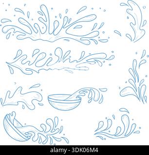 Water splashes, puddles and splashes, set of sketches. Vector illustration. Waves and puddles isolated on a white background. Concept of summer, water Stock Vector
