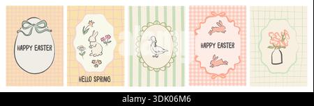 Hand drawn whimsical Easter greeting card set with bunny, goose, flowers, bows. Naive sketch style spring illustrations on pastel checkered and Stock Vector