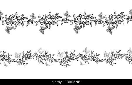 Butterflies on spring branches, seamless border. Vector illustration. Flying insects, set of patterns isolated on white background. Suitable for cards Stock Vector
