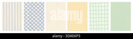 Pastel hand drawn plaid and grid pattern backgrounds in soft colors. Minimal abstract checkered textures for branding, packaging, social media Stock Vector