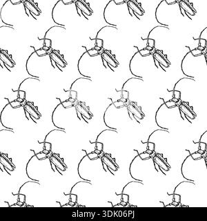 Tree beetle with long mustache, seamless pattern. Vector illustration. Simple drawing of insects isolated on a white background. Stock Vector