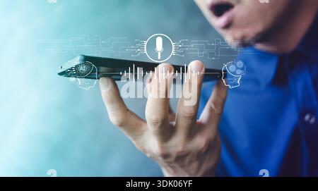 Man using voice command on smartphone, AI speech recognition UI with microphone icon and soundwave, concept for digital assistant, dictation, translat Stock Photo