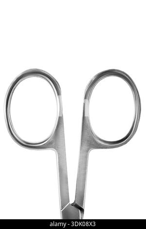 Stailess steel cuticle scissors handle closeup isolated over white Stock Photo