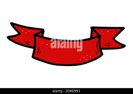 Doodle festive red ribbon banner. Hand drawn tape isolated on white background. Decorative element for Christmas, New Year greeting cards. Vector illu Stock Vector