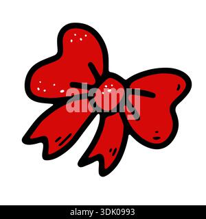 Doodle decorative bow. Hand drawn ribbon isolated on white background. Red festive element for Christmas gifts, holiday crafts and winter decor. Vecto Stock Vector