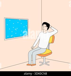 Man is sitting in a chair in front of a window. He is looking out the window and he is deep in thought Stock Vector
