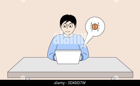 Man is sitting at a desk with a laptop in front of him. He is wearing glasses and a blue shirt. Stock Vector