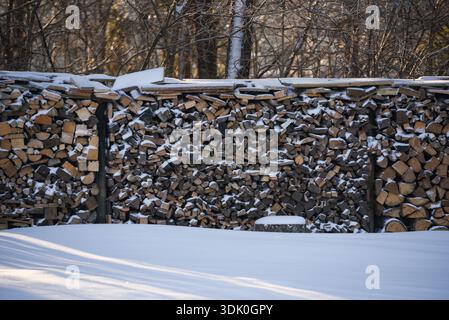 Large stack of cut firewood covered with snow during winter. Outdoor wood storage in a rural setting with wooden logs neatly piled and snow-covered gr Stock Photo