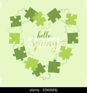 Hello Spring text in heart shaped frame made of green puzzle pieces, poster, card. Spring Vibe. Vector illustration Stock Vector