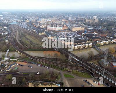 an aerial view of The river Nene at City of Peterborough ...
