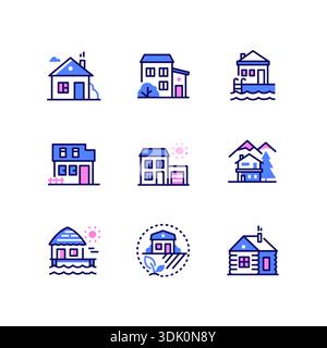 Cottage houses - modern line design style icons set Stock Vector