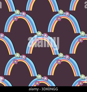 Trendy seamless pattern with colorful rainbow on color background. Design for invitation, poster, card, fabric, textile, fabric. Cute holiday illustra Stock Vector