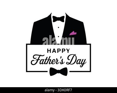 Happy Father's Day Greeting with Tuxedo and Bow Tie Design, Elegant Black Suit Celebration Card Stock Vector
