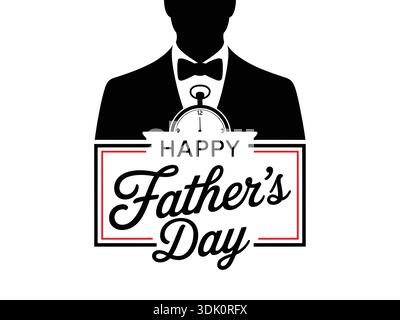 Father's Day, greeting, dad in elegant suit, kitty tie, text message, men's style, flatlay, dad, gift card on a white background Stock Vector