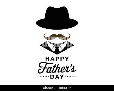 fathers day hat mustache greeting banner, happy fathers day text message isolated on a white background Stock Vector