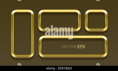 Luxurious set of shiny golden frames and buttons with 3D metallic effect, ideal for web design elements. Vector illustration. Stock Vector
