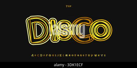 Outline Linear Font, Contour Stripes Alphabet, Golden Thread Letters, Linear Scribble Typeface, Groovy Disco Typography, Layered Lines Typographic Stock Vector