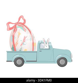 Pickup truck with a big Easter egg and funny bunny driver. Vector Illustration Isolated on white background Stock Vector