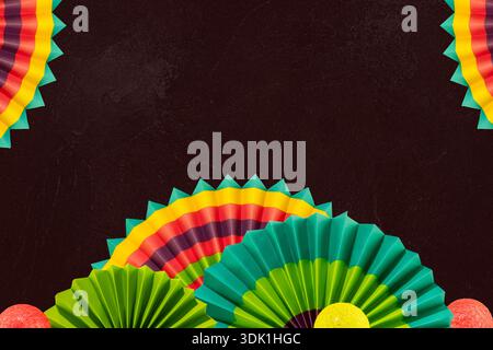 Festive Mexican Celebration Background Features Colorful Paper Fan Decorations Against Dark Textured Backdrop To Represent Cinco De Mayo, Fiesta Party Stock Photo