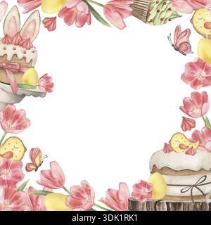 Watercolor Easter frame with cake, bunny ears, yellow eggs and pink tulips. Hand drawn floral square border for spring holiday greeting cards, bakery Stock Photo