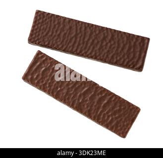 Top view of two chocolate-covered wafer bars, isolated on white background. Whole chocolate wafer bar isolated . Top view Stock Photo