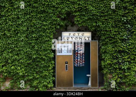 PRAGUE, CZECH REPUBLIC - MAY 3, 2024: Photo booth tourist attraction in Karlin Barracks (Kasarna Karlin) converted to public space in Prague, Czech Re Stock Photo