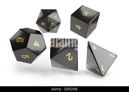 Black roleplaying dice rolling isolated on white background. 3d illustration. Stock Photo