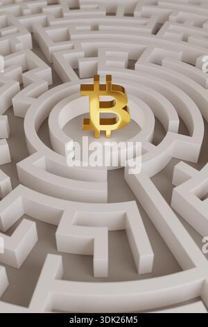 Bitcoin sign in the center of a maze. Vertical composition. 3d illustration. Stock Photo