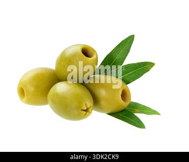marinated pitted olives and green leaves isolated on a white background. pitted olives isolated. marinated pitted olives. Stock Photo