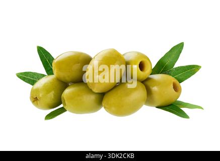 marinated pitted olives and green leaves isolated on a white background. pitted olives isolated. marinated pitted olives. Stock Photo