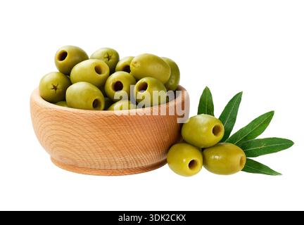 pitted olives in a wooden bowl isolated on a white background. marinated pitted olives.  pickled pitted green olives. Stock Photo