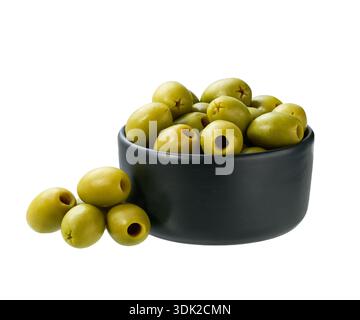 black bowl with pitted olives isolated on a white background. marinated pitted olives.  pickled pitted green olives. Stock Photo