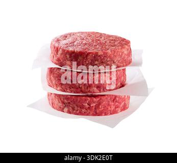 Raw fresh large beef burger patties isolated . Minced beef patties hamburger isolated on a white background. Stock Photo