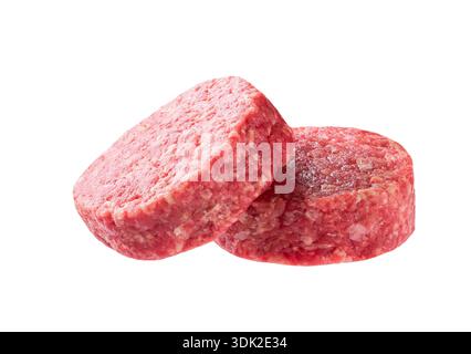 Raw fresh large beef burger patties isolated . Minced beef patties hamburger isolated on a white background. Two raw hamburger patties isolated . Stock Photo