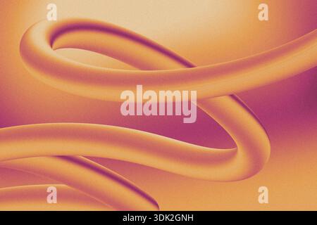 Intertwined tubular ribbons are twisting on warm orange magenta gradient in 3D render with grain Stock Photo