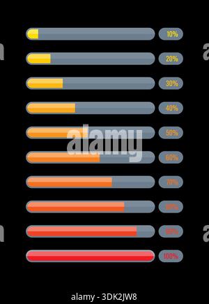 10-100 percent upload-download buttons. ten step gray-red download slider set. Stock Vector