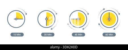 15 minutes, 30 minutes, 45 minutes, 60 minutes tar set. four step indicator concept. time setting dial set Stock Vector