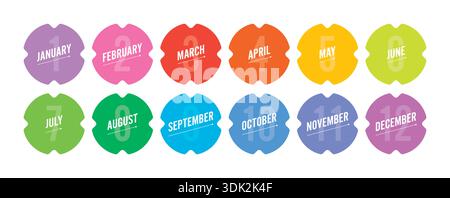 12 month names in colorful shapes. twelve months concept for business, education world Stock Vector