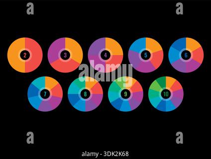 2 steps-10 steps colorful cake slices. nine step pie slices. round pie charts Stock Vector