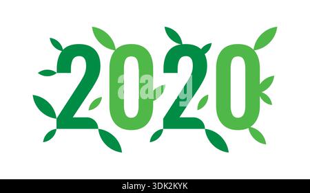 2020 logo and green leafs. vector 2020 logo. Stock Vector